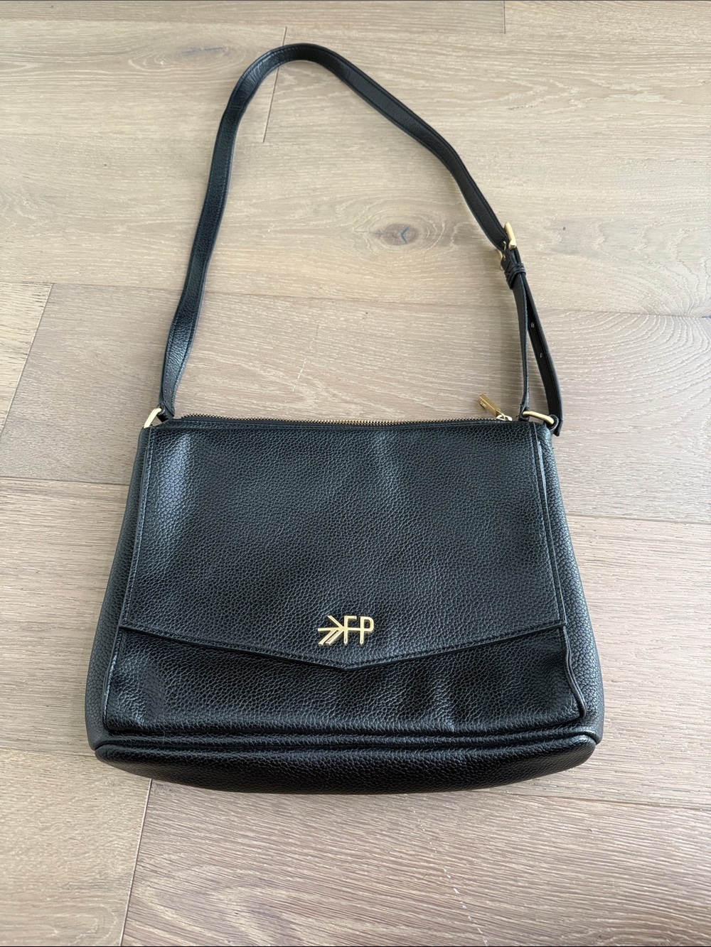 Freshly Picked Black Pebbled Leather Shoulder Bag with Gold Logo